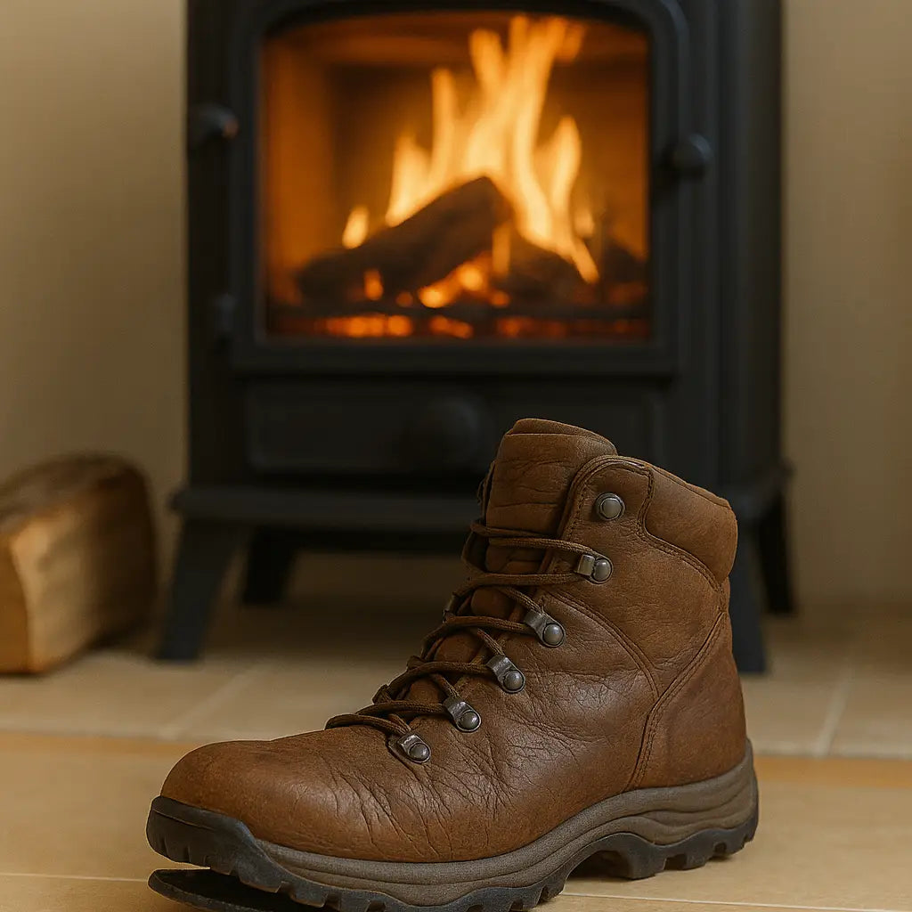 Walking boot being dried in front of a fire with delaminated sole and cracked leather