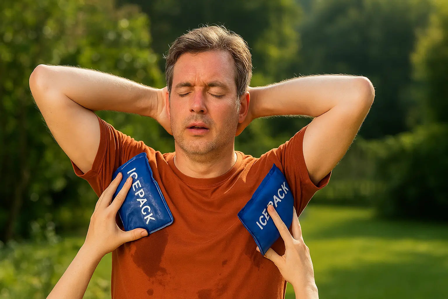 Man suffering from heat stroke reducing his core temperature by having ice packs held to his armpits