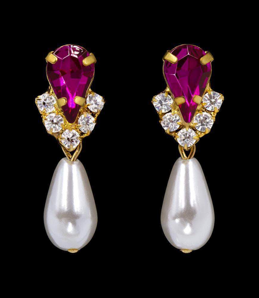 #5538FUCHG - Rhinestone Pear V Pearl Drop Earrings - Fuchsia Gold Plat