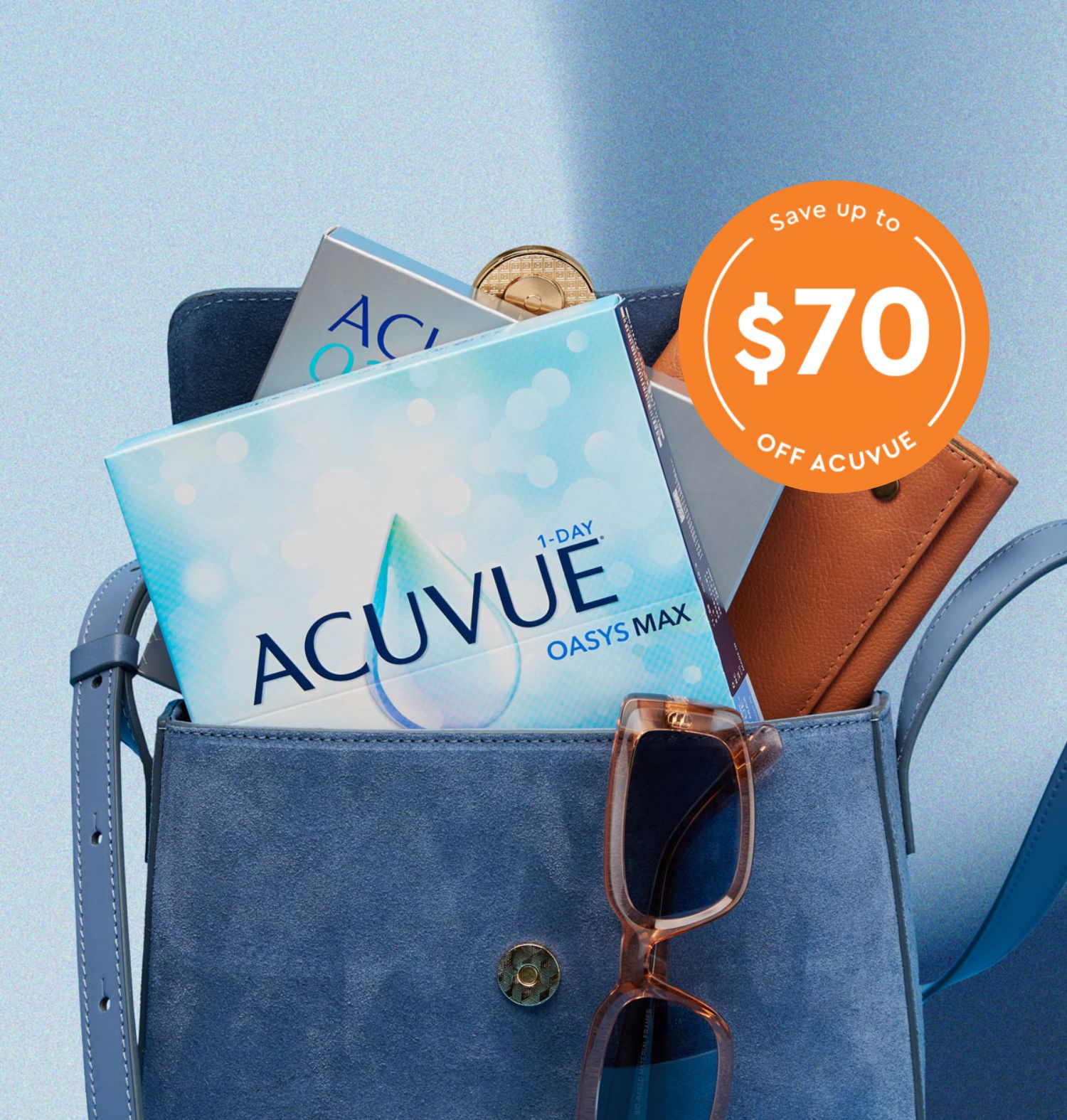 Promotional image featuring ACUVUE contact lens boxes in a handbag with an eyeglass and a discount offer.