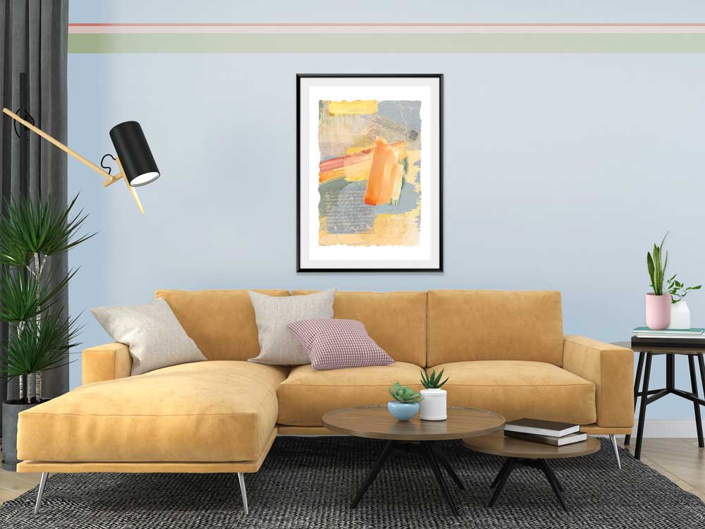 Claude & Leighton Memory Lane orange abstract art print shown framed in a living room