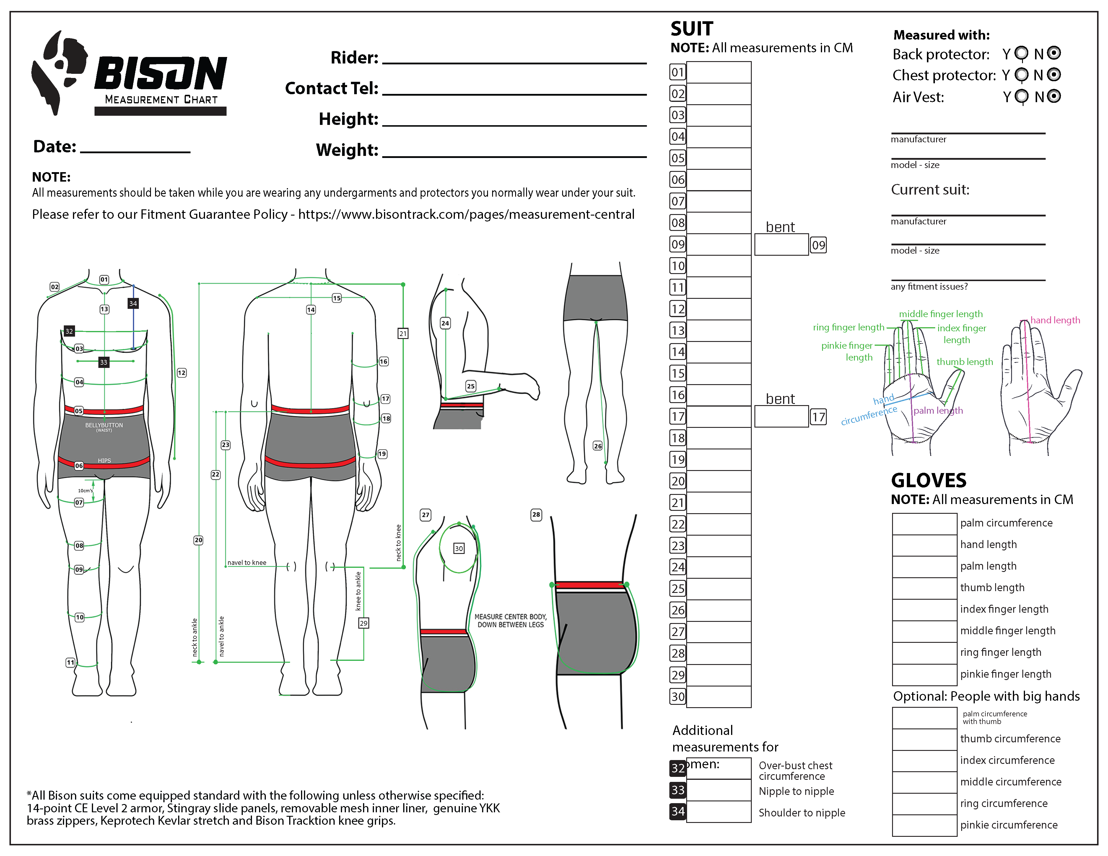 Bison Measurement Chart Suit and Gloves