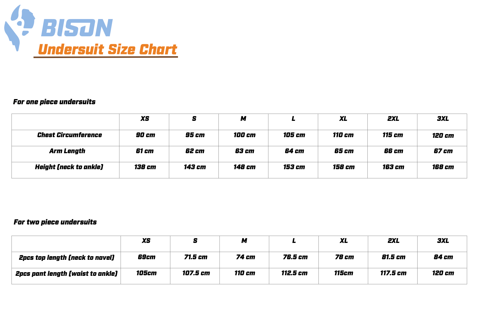 Bison Size Chart_Undersuits