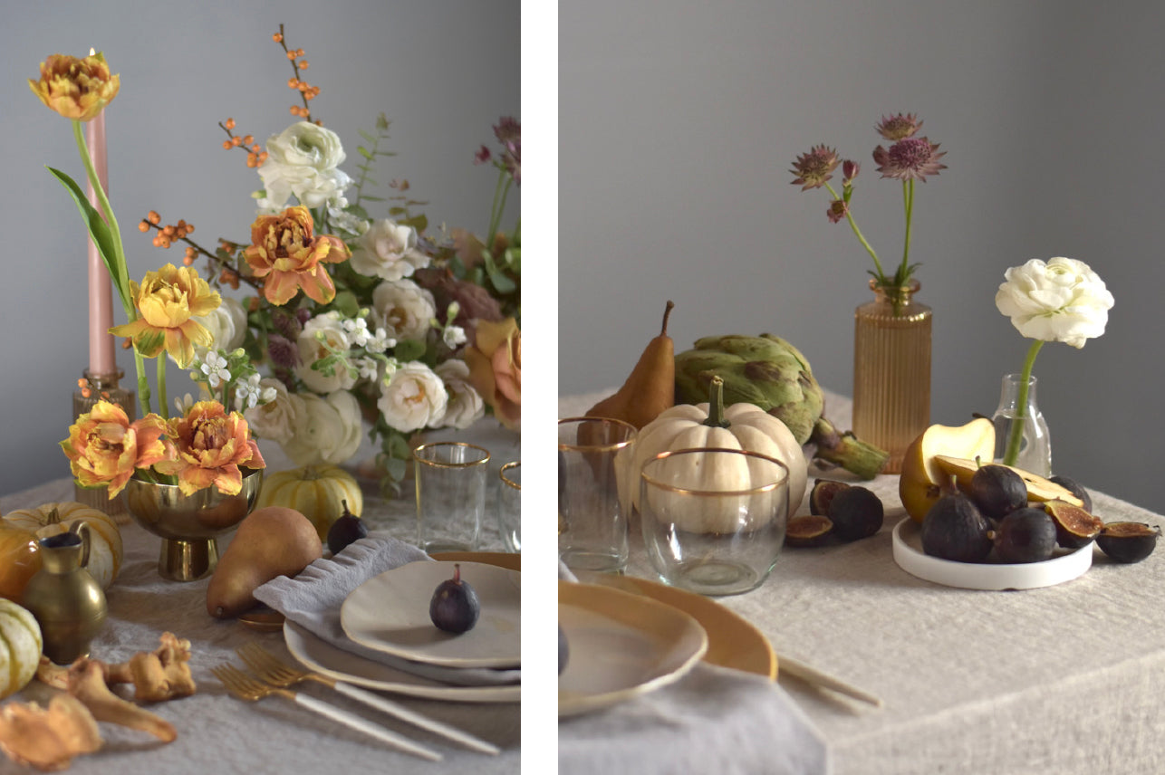 tablescape tips with ikebana inspired florals , white pumpkins, ceramic plates, and organic floral arrangements