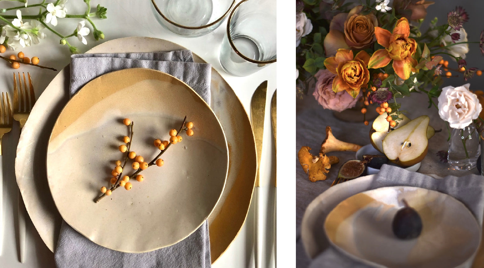 tablescape tips with ikebana inspired florals , ilex berry branches, figs, ceramic plates, and organic floral arrangements