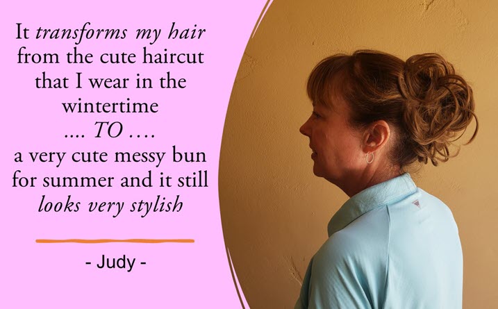 judy with her bun hair extension at home