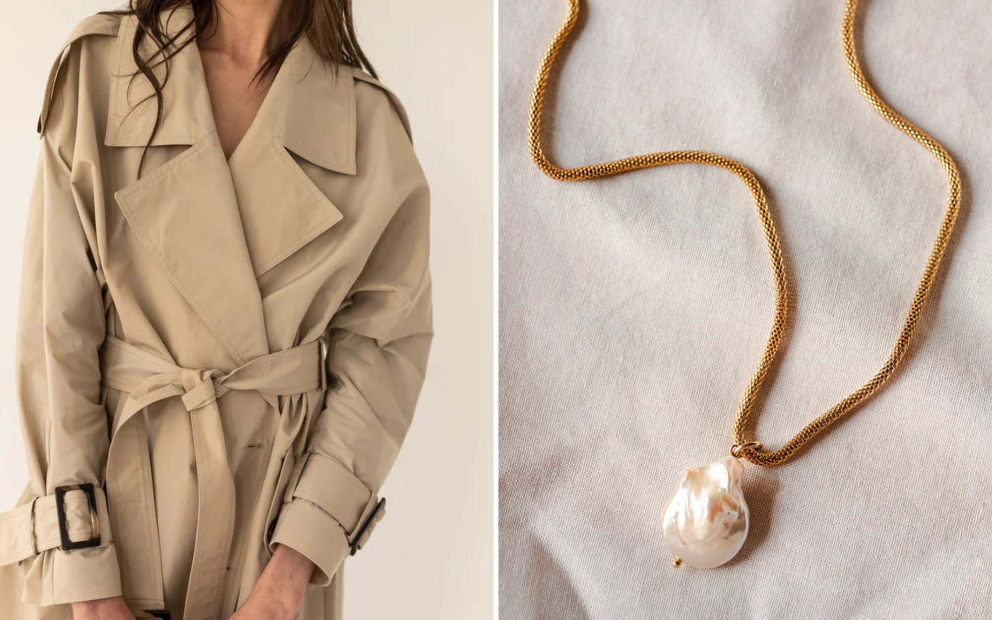 Beige trenchcoat en parelketting.