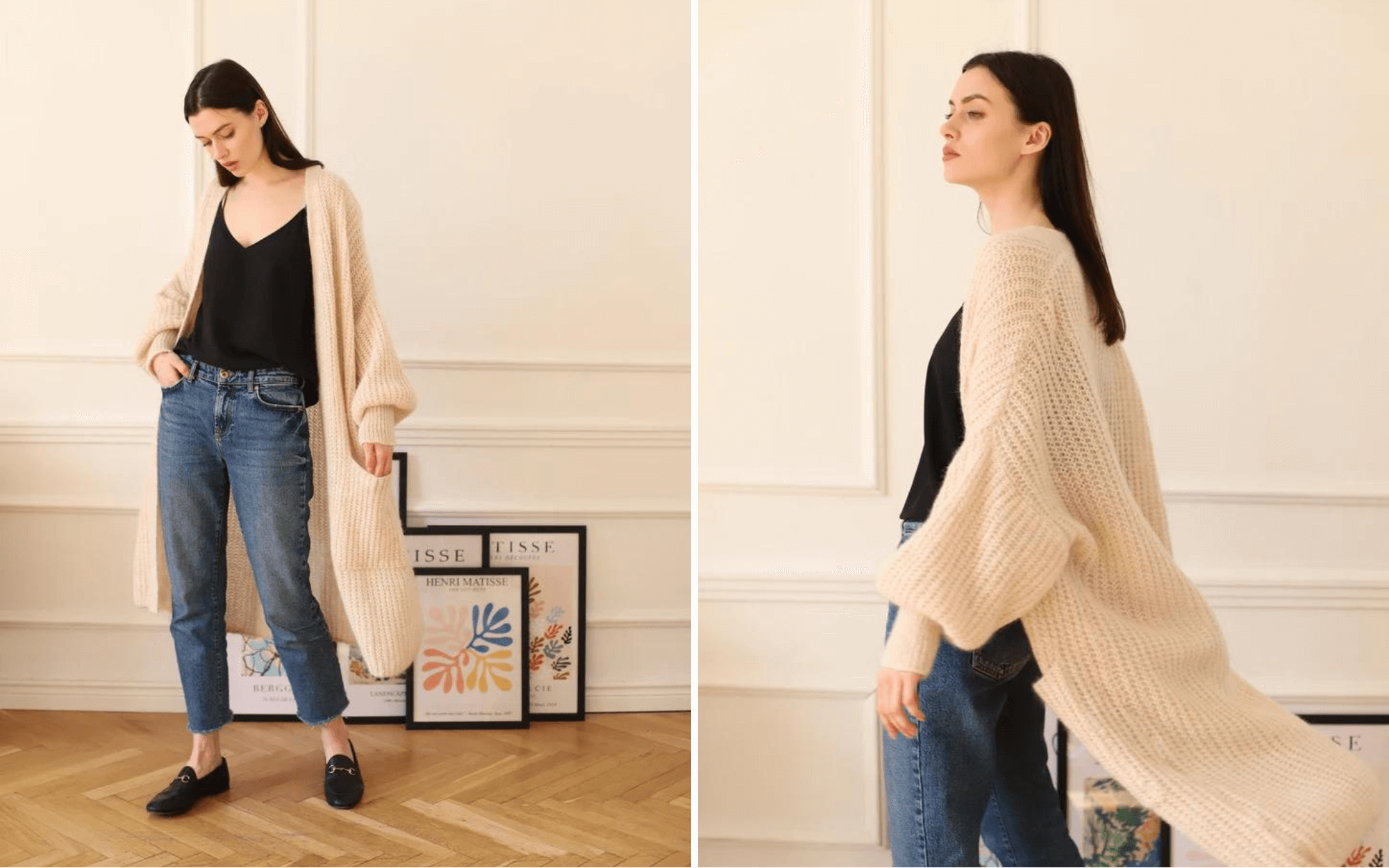 A woman wearing long knitted cardigan by Enteliér