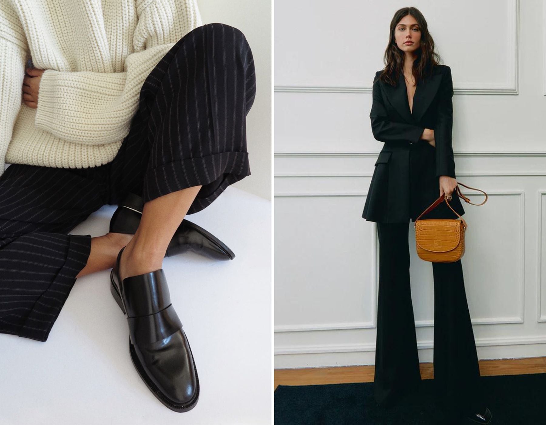 Black leather loafers next to a woman wearing a black suit and orange bag