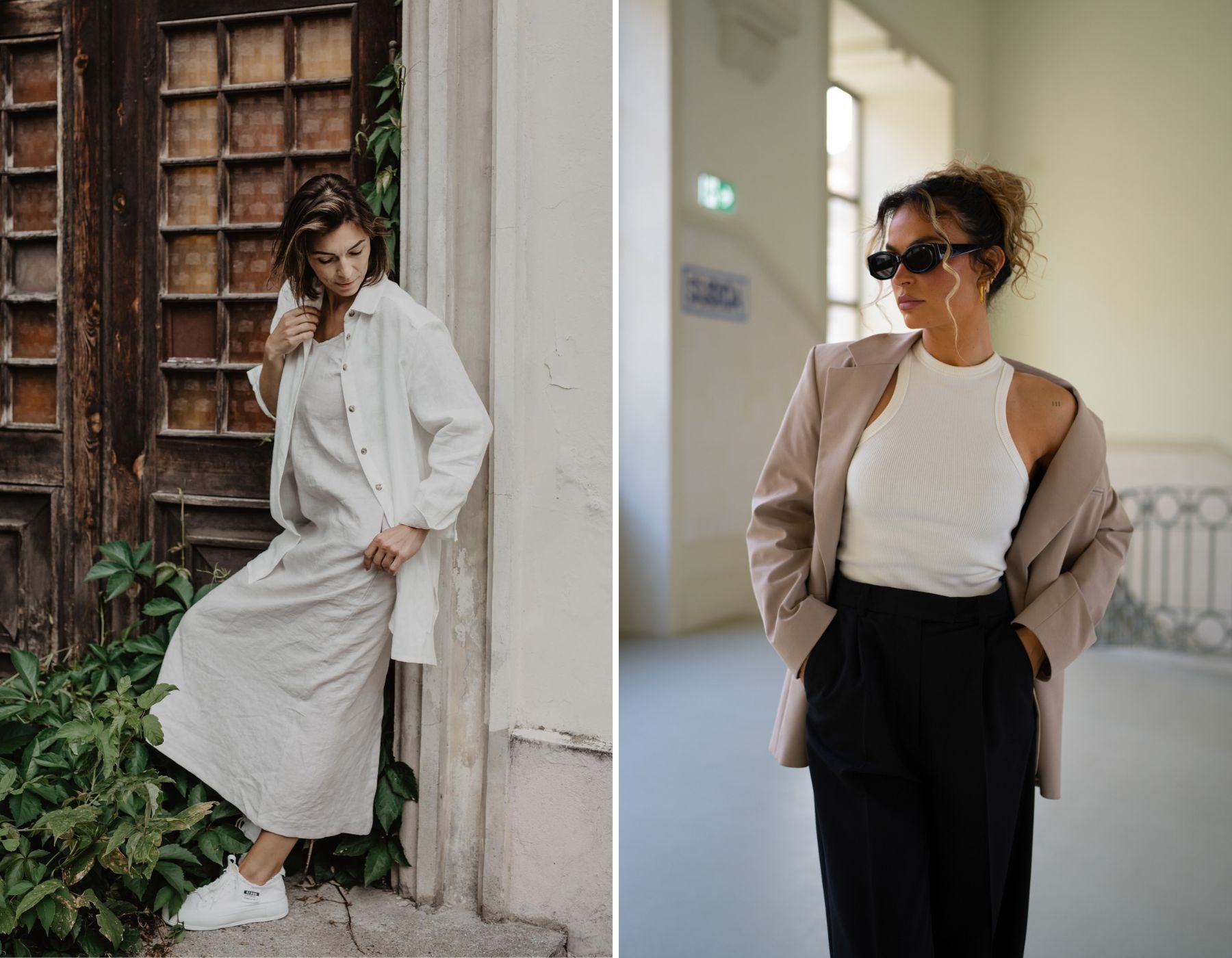 Woman wearing a white loose-fit linen shirt next to a woman wearing a beige blazer and black trousers