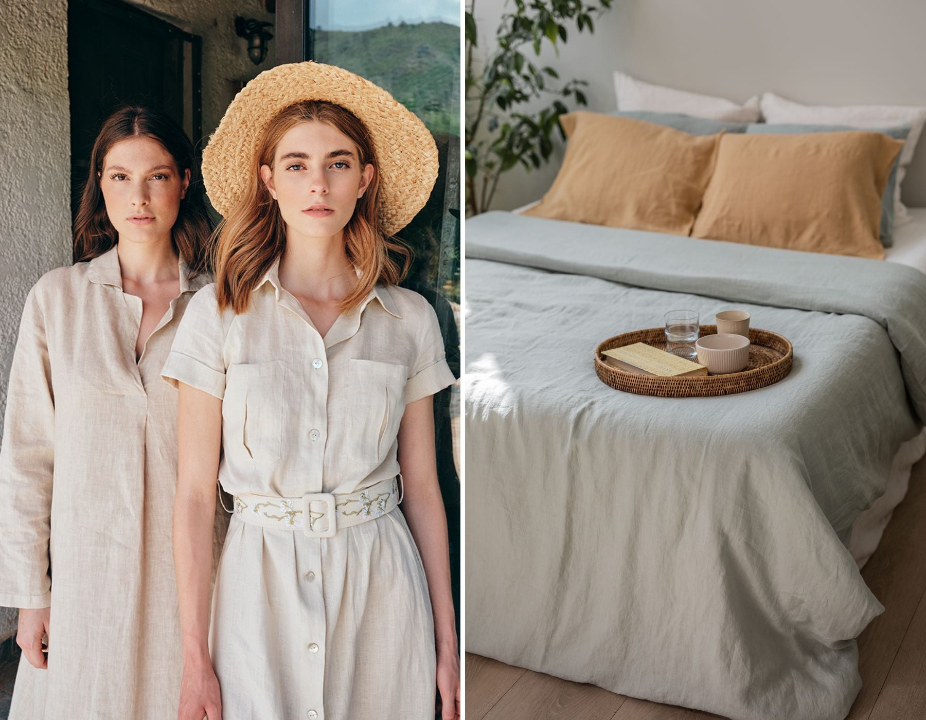 Women with linen clothes and a bed with linen sheets