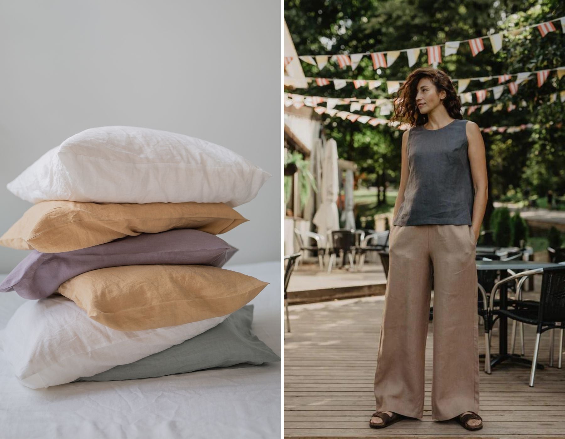 A stack of linen pillows and a woman with linen top and linen pants