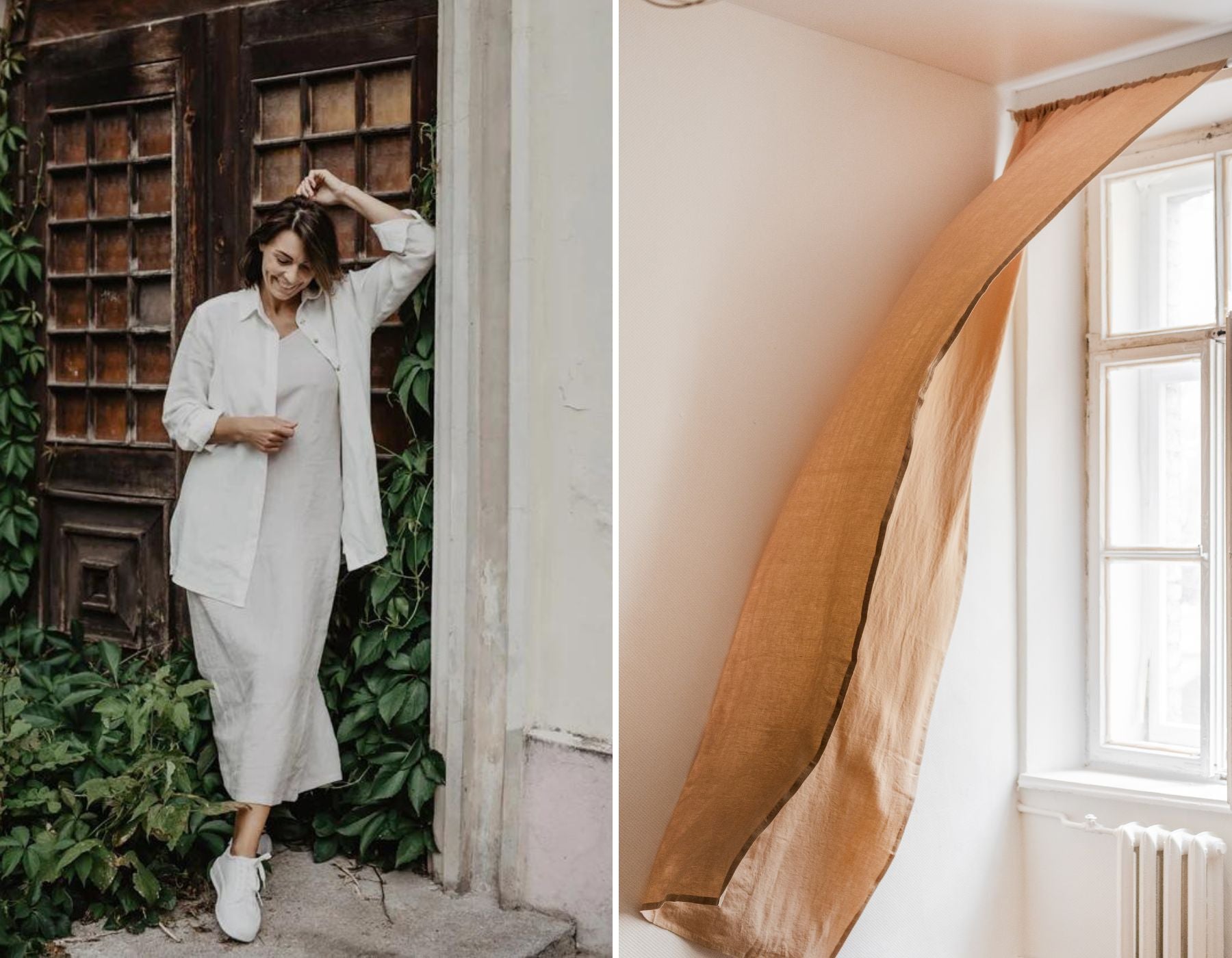 A woman with linen dress and linen shirt and linen curtains flowing in the wind