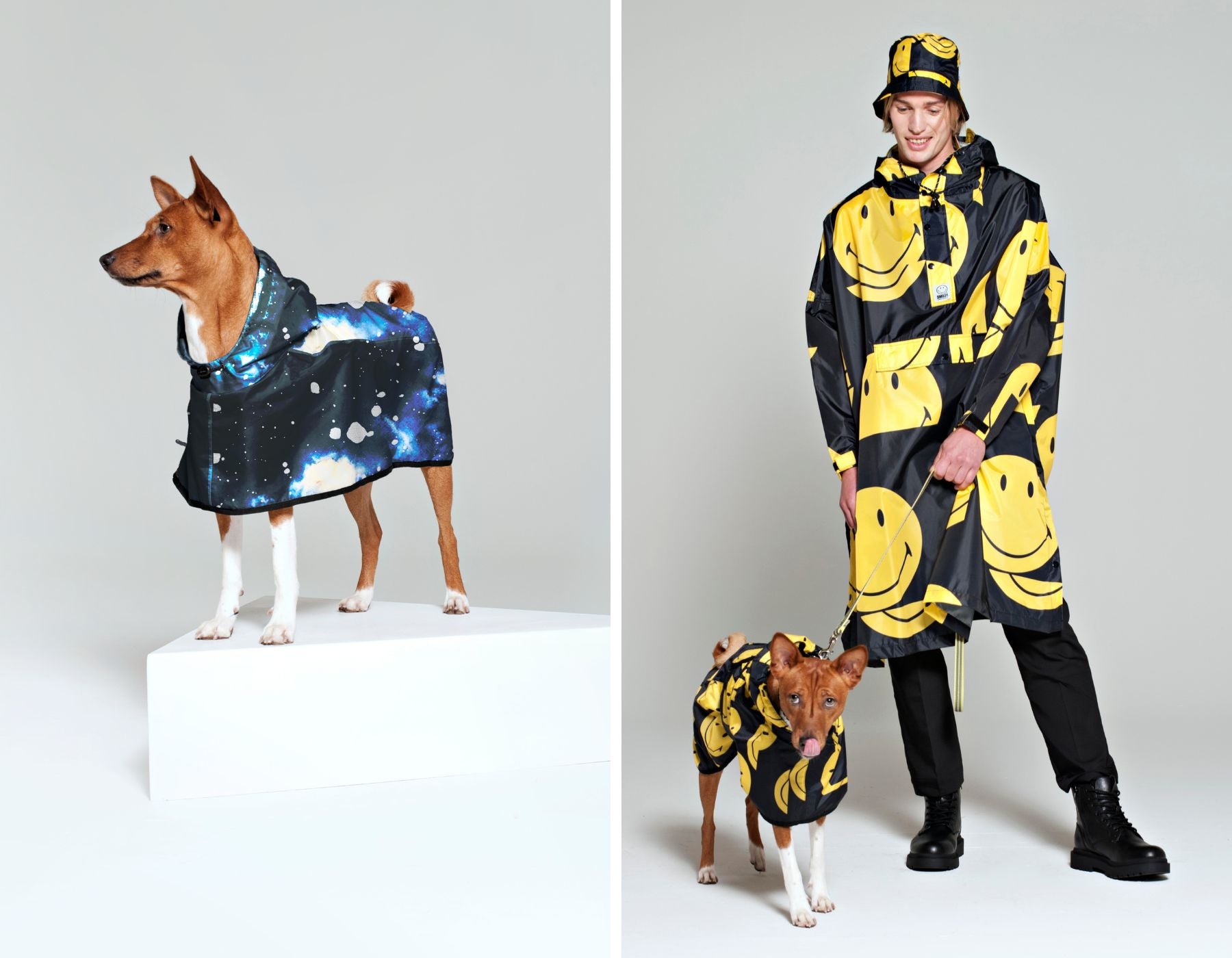Rainkiss blue rain poncho for dogs, next to a Smiley-patterned rain poncho for both humans and dogs
