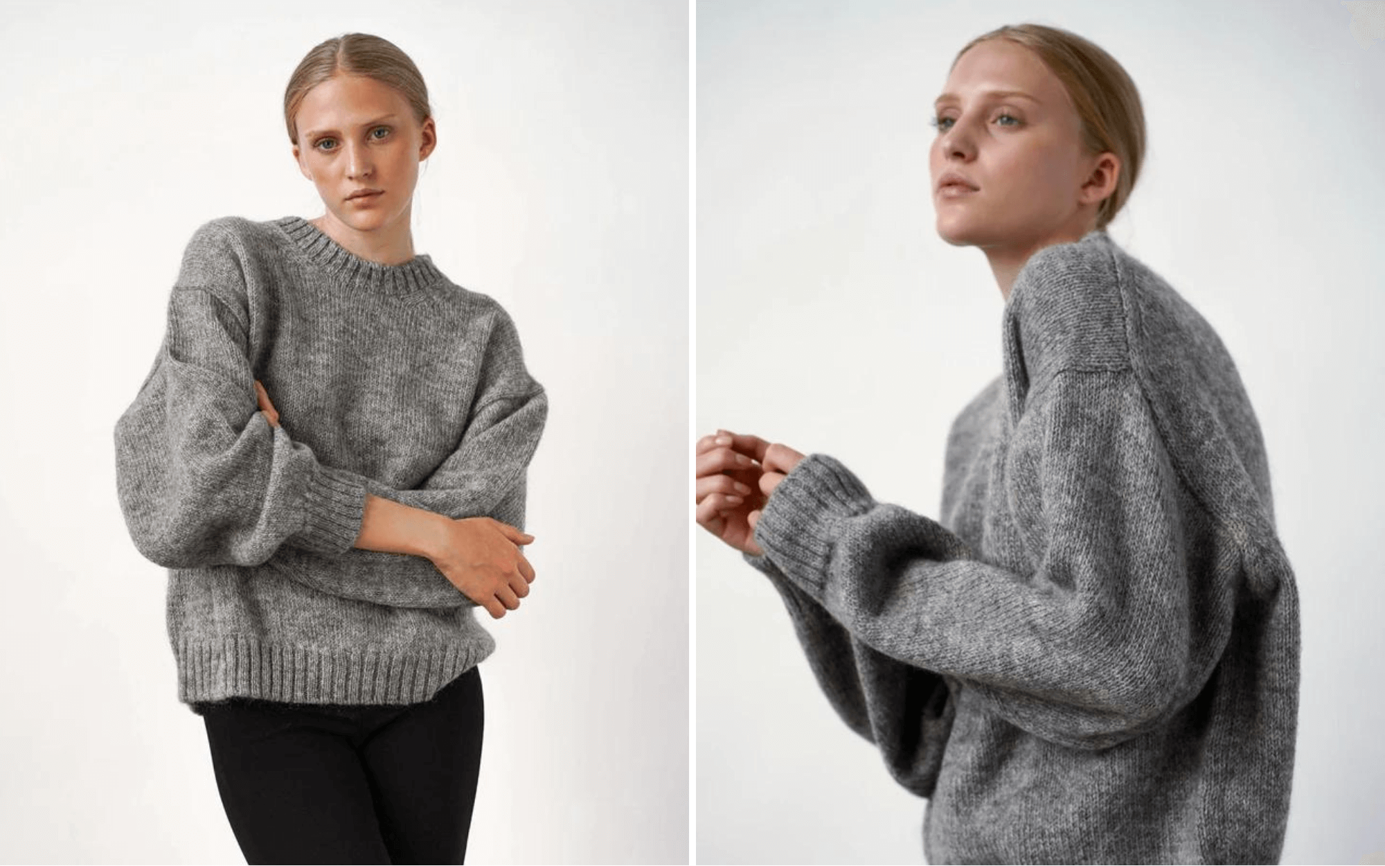 A woman wearing grey Residus wool sweater