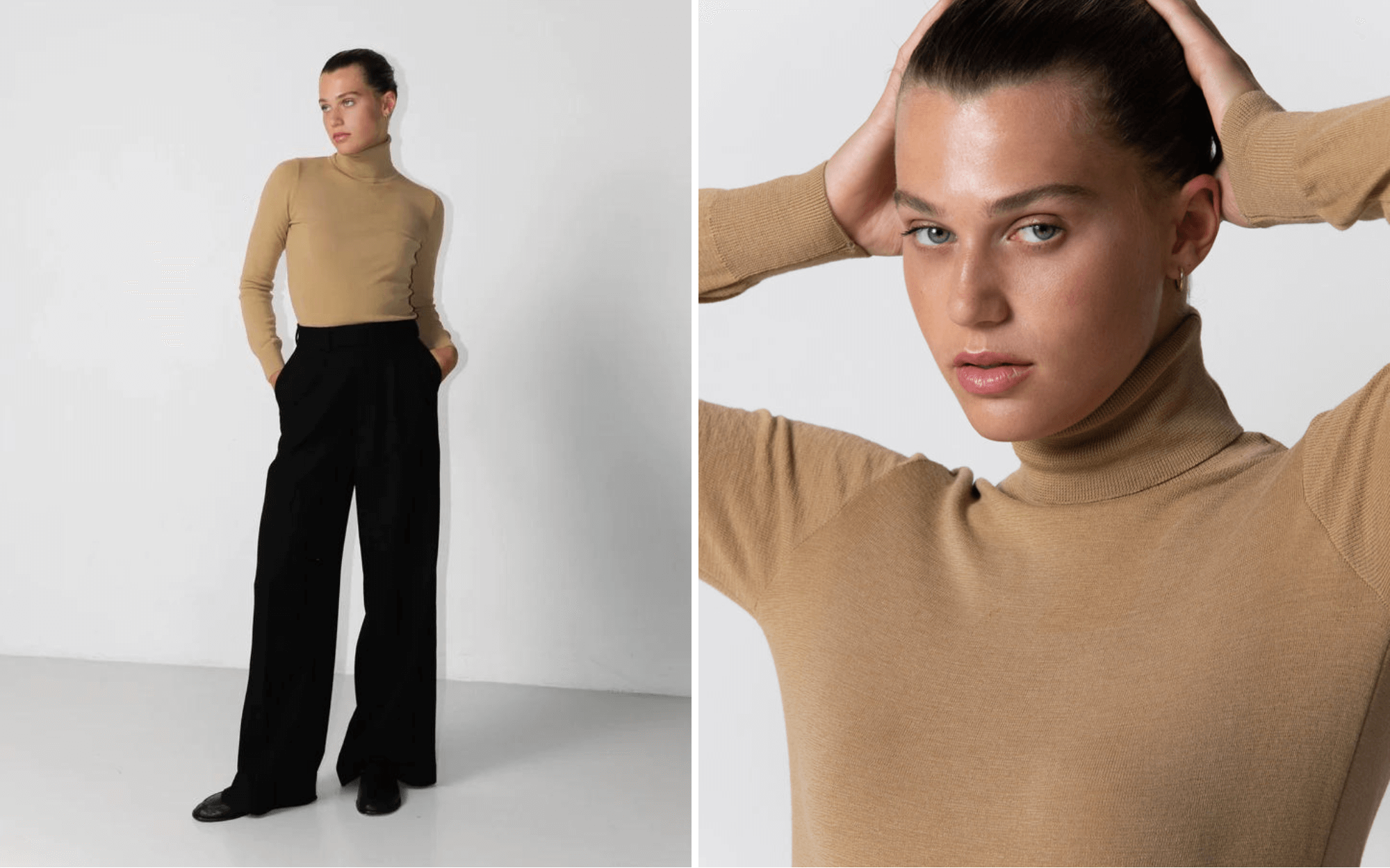 A woman wearing beige Rhea turtleneck shirt