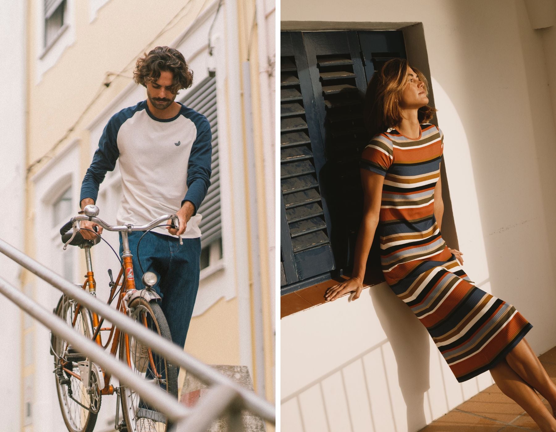 Man with a bicycle wearing a long sleeved shirt from TWOTHIRDS next to a woman wearing a striped TWOTHIRDS dress