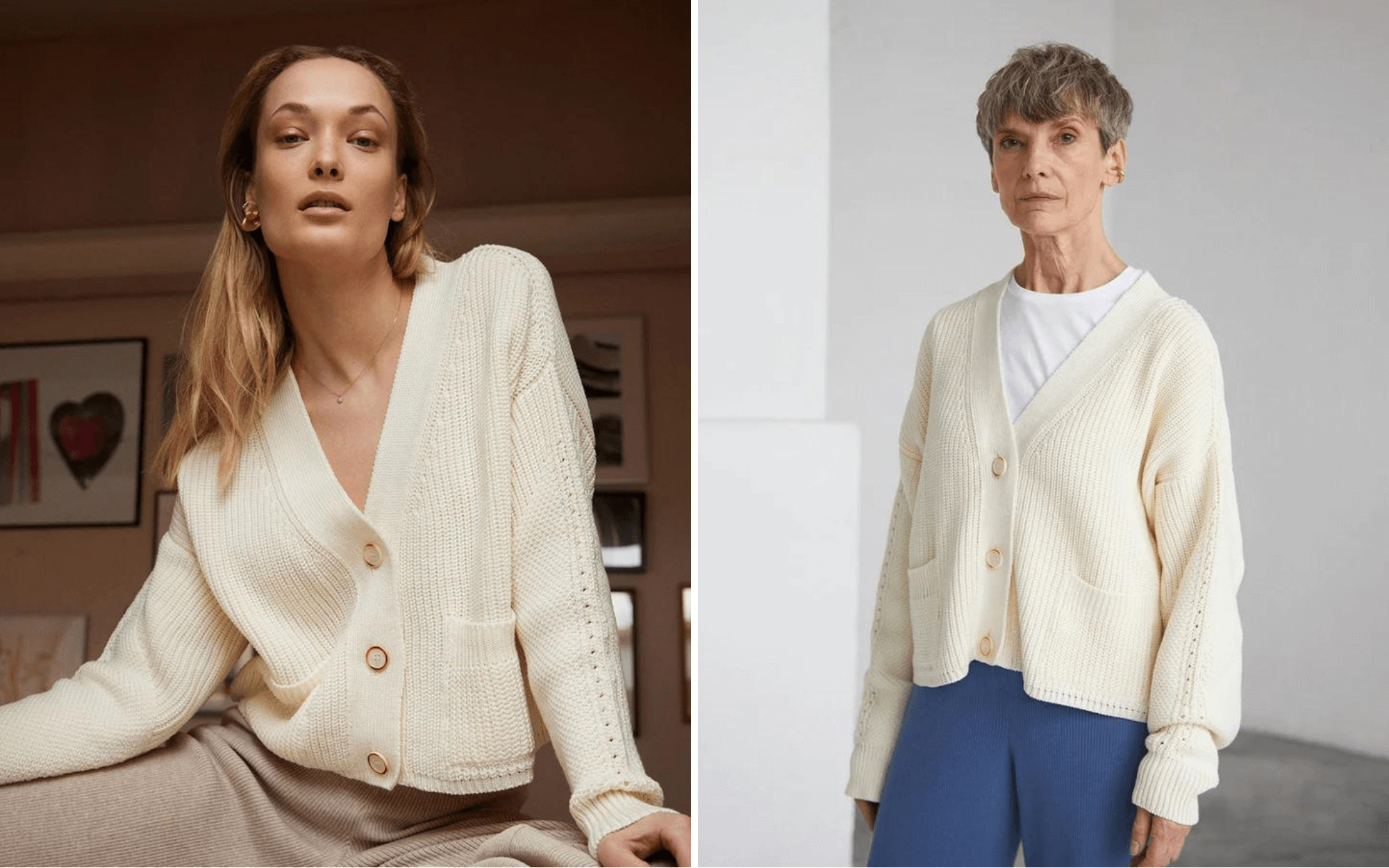 Two women wearing white Preila cardigan by The Knotty Ones