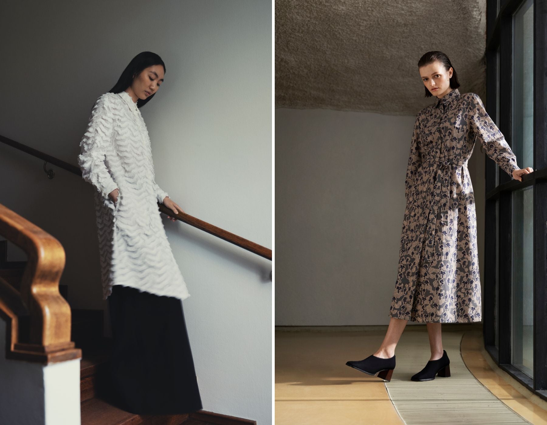 White dress and a dress with a flower pattern