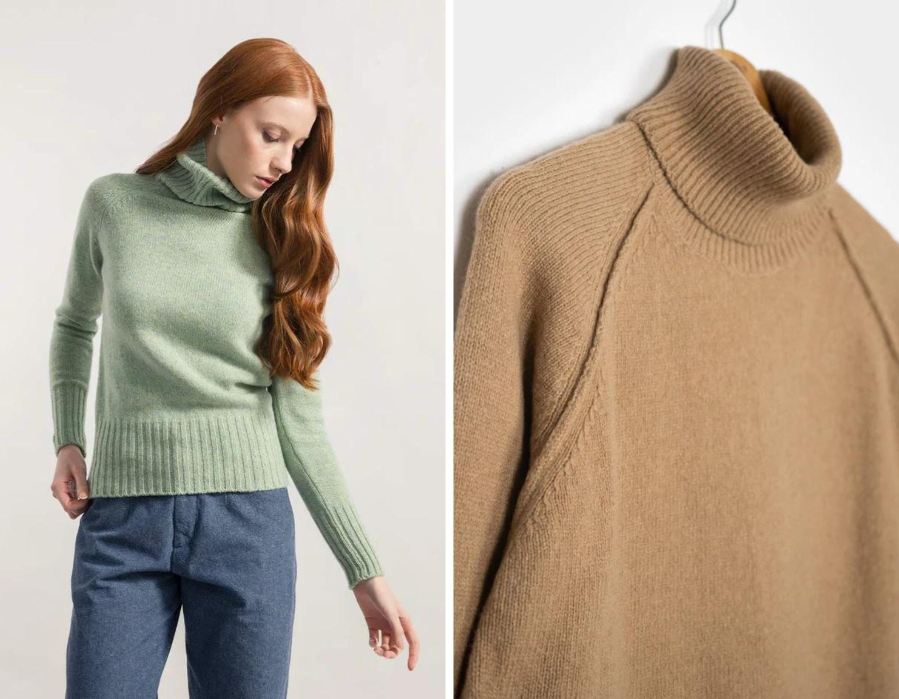 Woman wearing light green Rifo cashmere sweater. Beige turtleneck sweater on a cloth hanger.