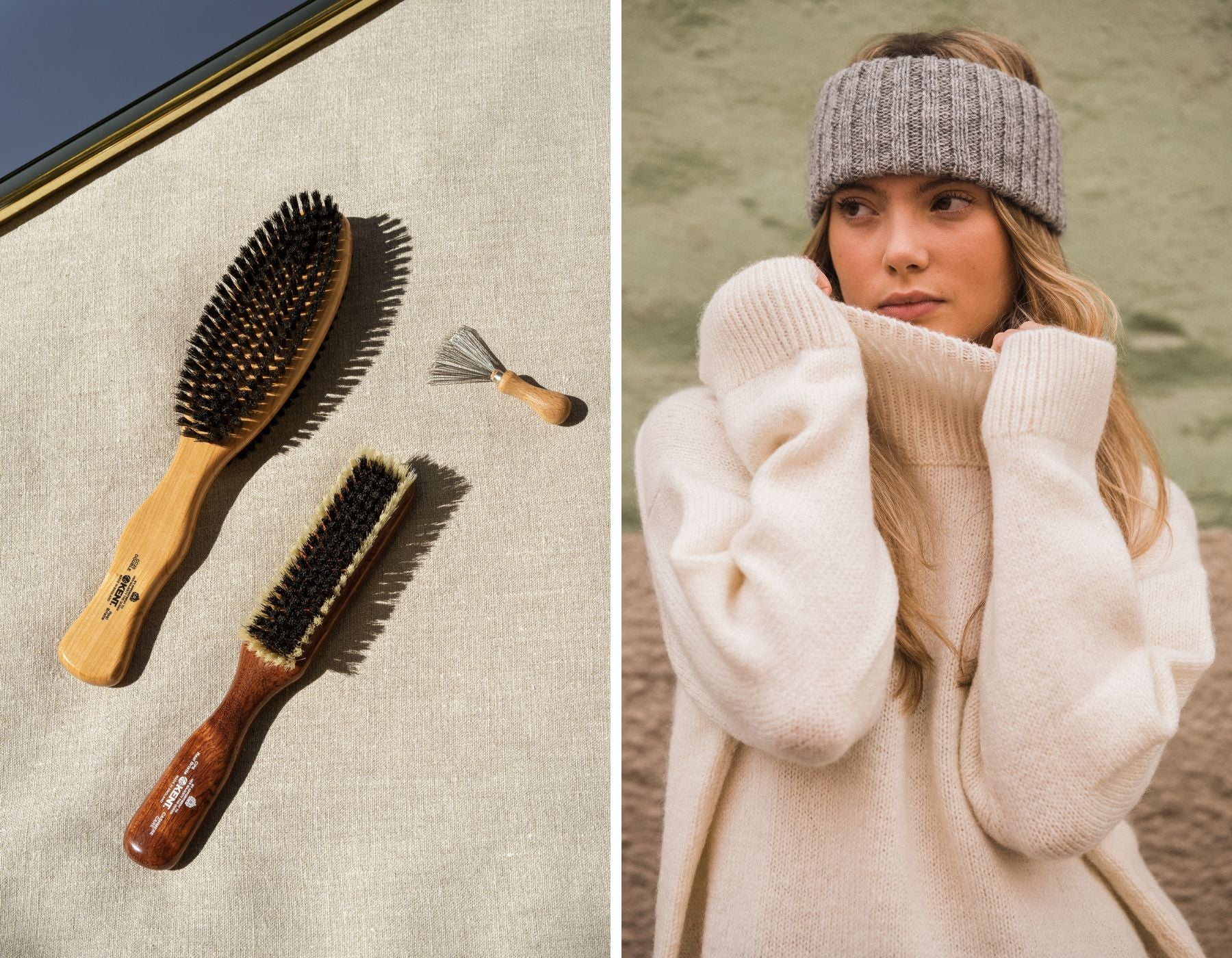 Tools for taking care of woolen knitwear by Arkive Atelier, woman wearing white knitted sweater by Residus