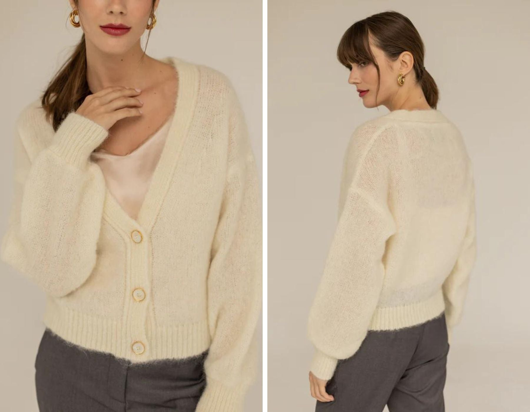 Woman wearing Enteliér white mohair cardigan