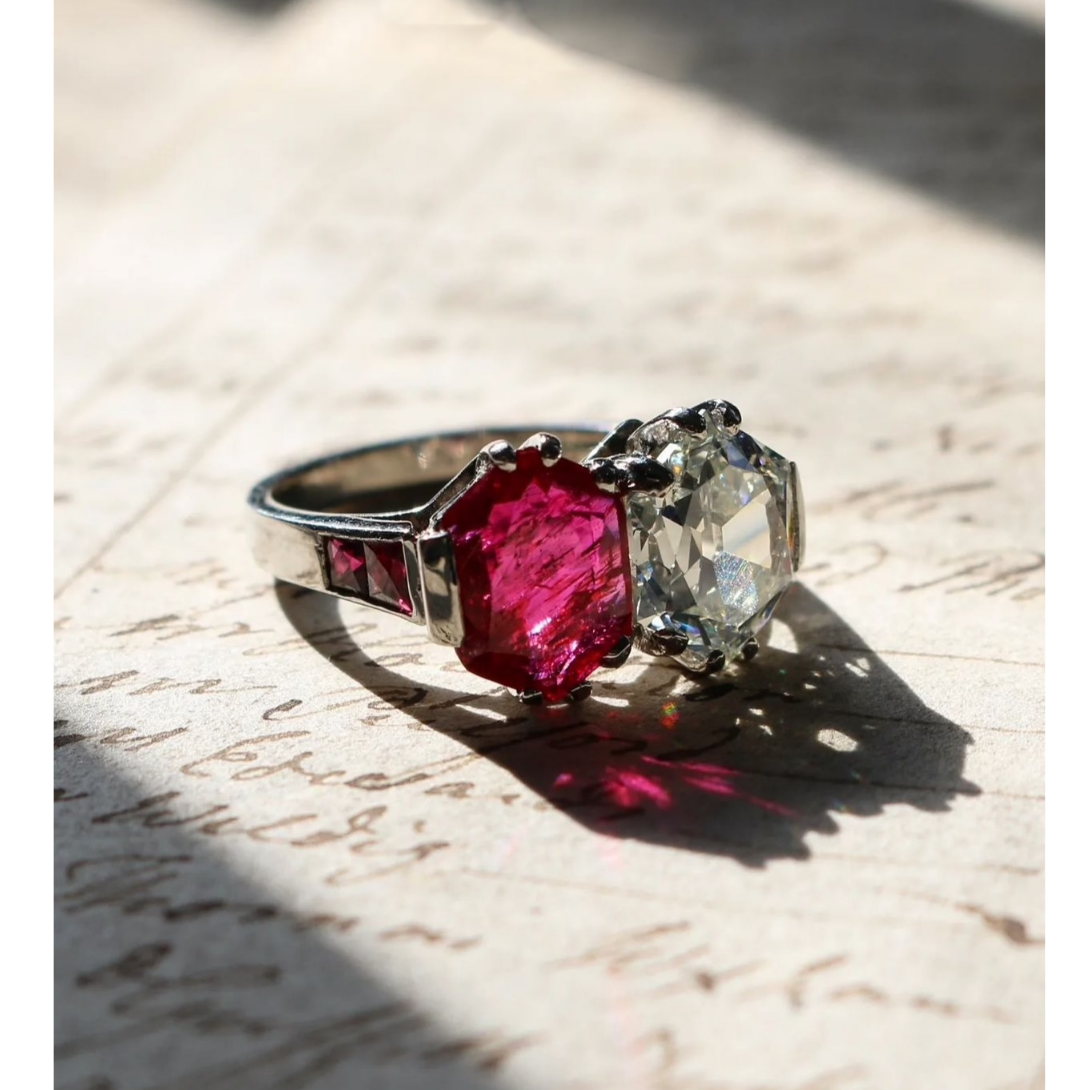 ruby ring, Toi et Moi, july birthstone