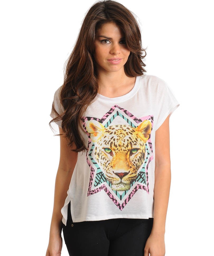 White With Leopard Face Design Graphic Top Shirt - viXXen Clothing