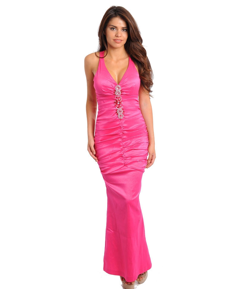 Fuchsia Pink Rhinestone Accent Floor Length Party Prom Dress - viXXen ...