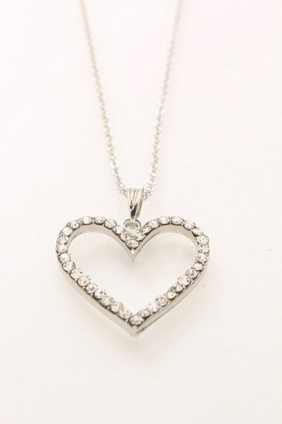 Silver High Polished Rhinestones Heart Pendant Necklace - viXXen Clothing