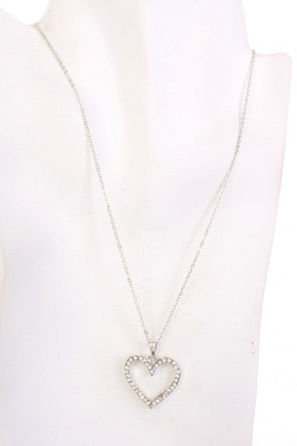 Silver High Polished Rhinestones Heart Pendant Necklace - viXXen Clothing