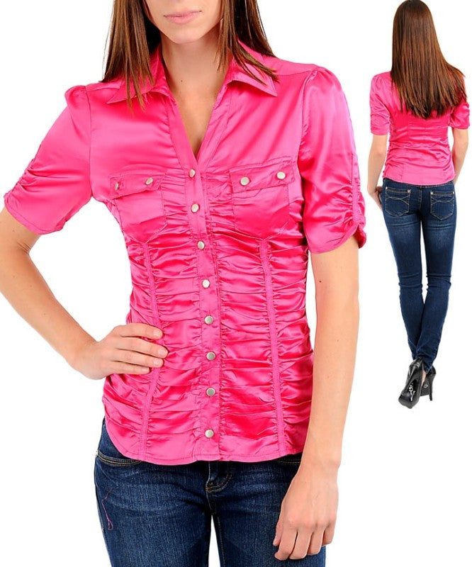 Fuchsia Pink Career Silk Satin Button Up Blouse Shirt Top - viXXen Clothing
