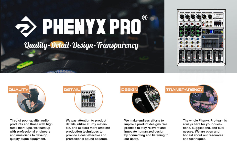 Phenyx Pro Professional DJ Mixer w/USB Audio Interface, 4-Channel Sound  board Audio Mixer w/Stereo Equalizer, 16 DSP Effects, Ideal for Stage, Live
