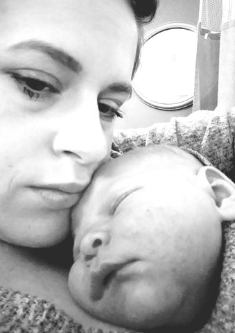 Black and White Photo of Aubrey with Newborn Son