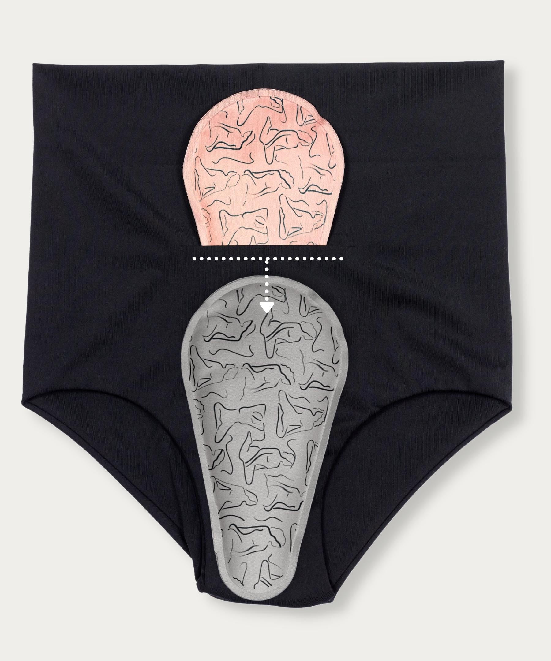 FourthWear Postpartum Recovery Underwear diagrammed to show potential placement of ice/heat packs