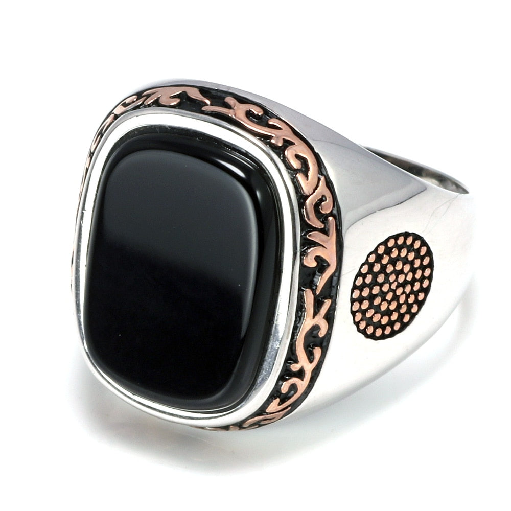 Sterling Silver 925 Retro Vintage Ring With Natural Black Onyx Stone