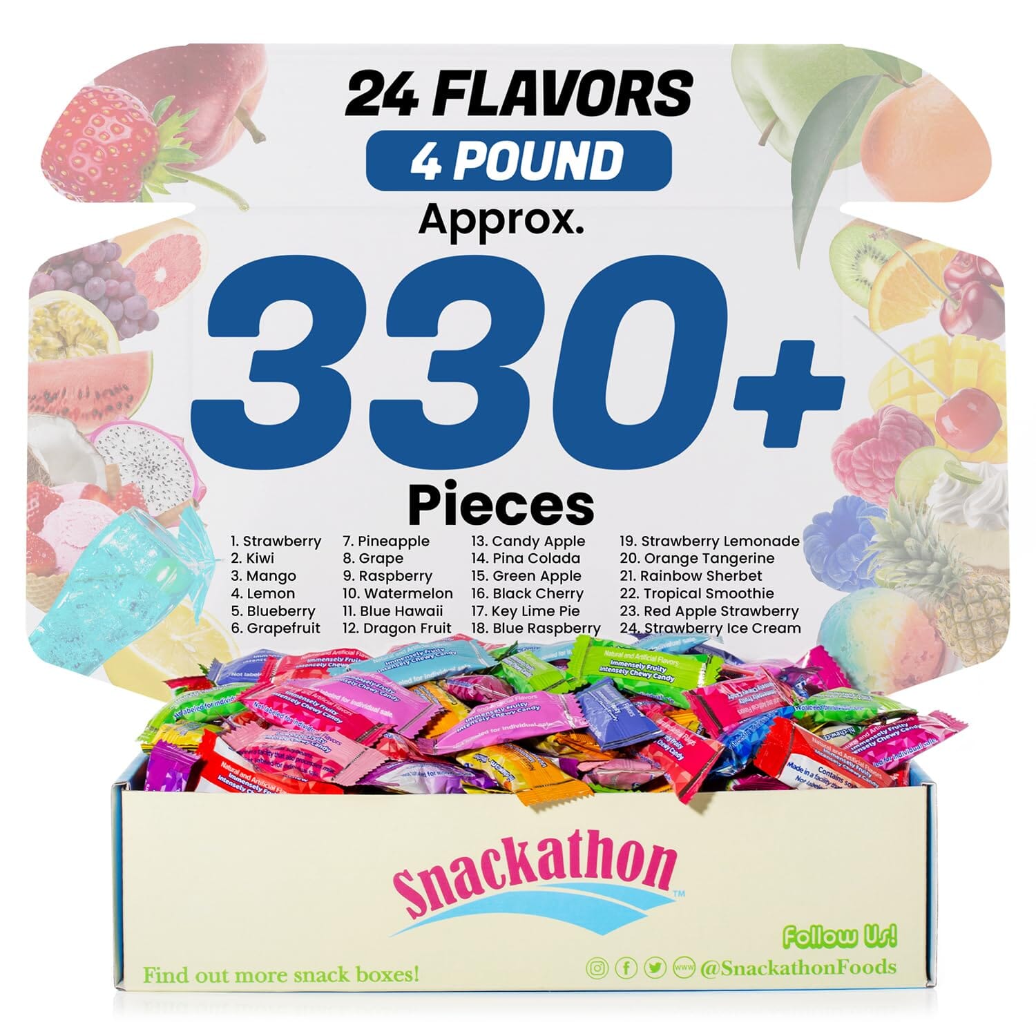 Hi Chew 24 Flavors, Bulk 330+ Pieces, 4 Pound (4 Original, 3 Tropical, 3 Combos, 3 Sweet and Sour, 3 Fantasy, 3 Dessert, 3 Berries, 2 Plusfruit)