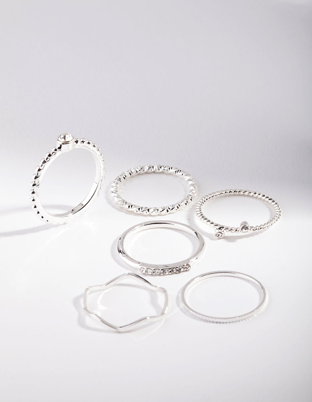 Silver Diamante Mixed Band Ring 6-Pack