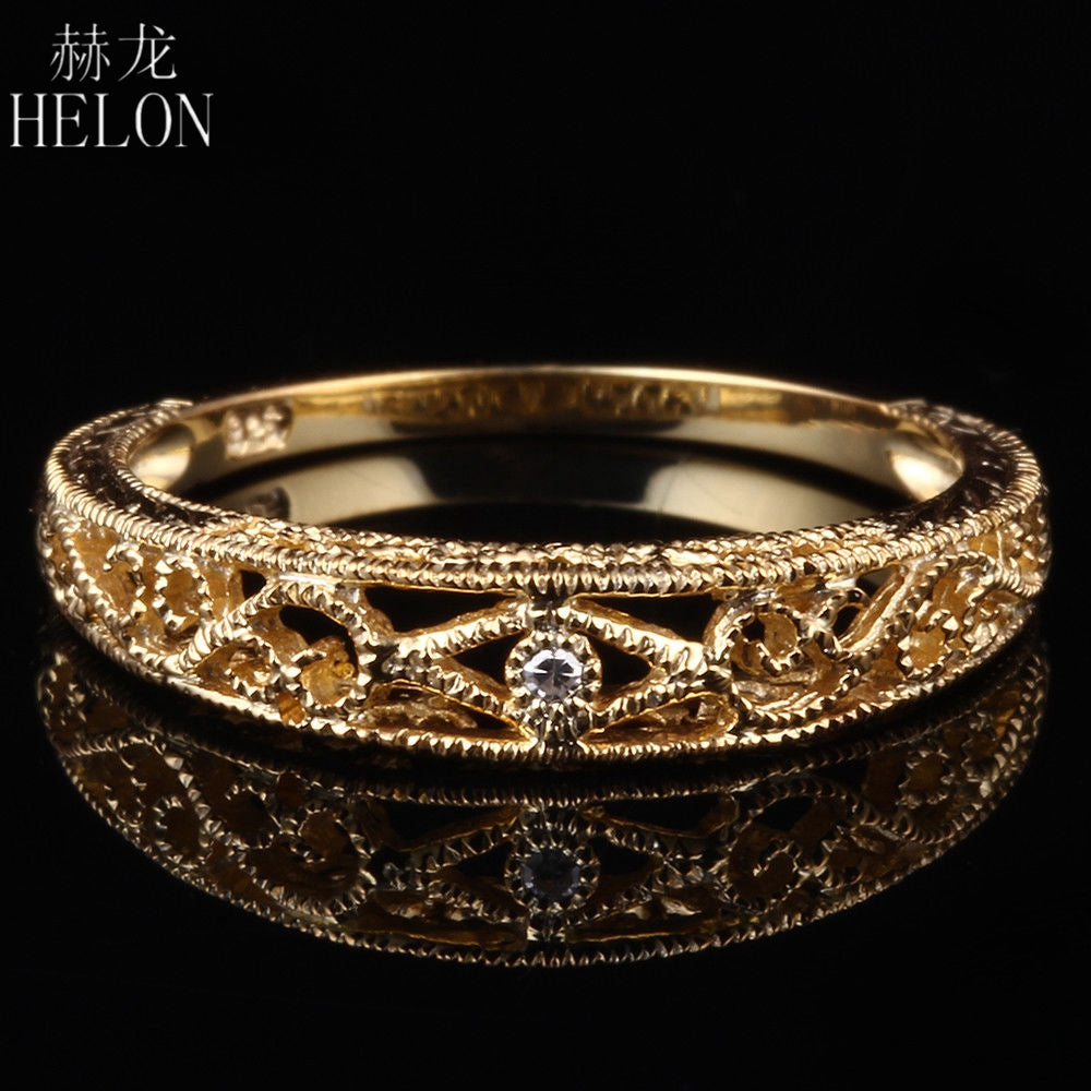 HELON Solid 10K Yellow Gold Filigree Natural SI/H Diamond Round Full Cut Wedding Ring Vantage Art Deco Women Trendy Fine Jewelry