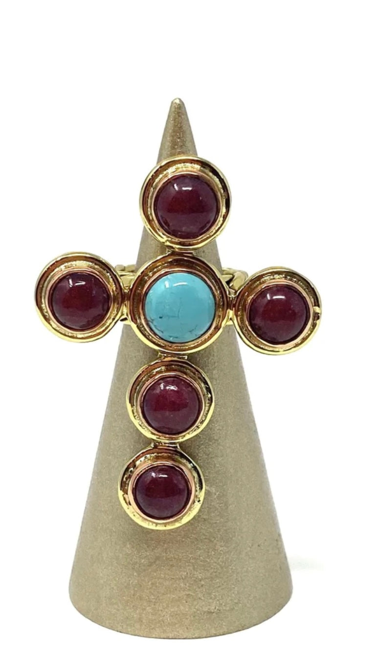 Cross Ring - Red Quartz & Turquoise
