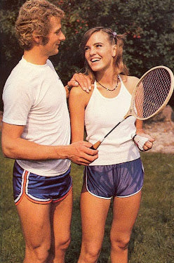 couple in 1970s fitness clothing