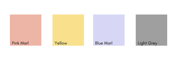 Colour palette for Calypso collection, pink marl, yellow, blue marl and grey 