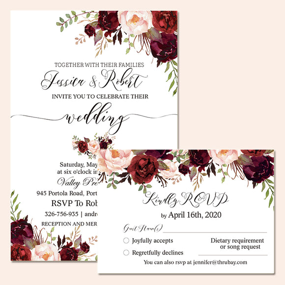 Elegant Burgundy And Gold Floral Wedding Invitation CIA010 – Charm Invites
