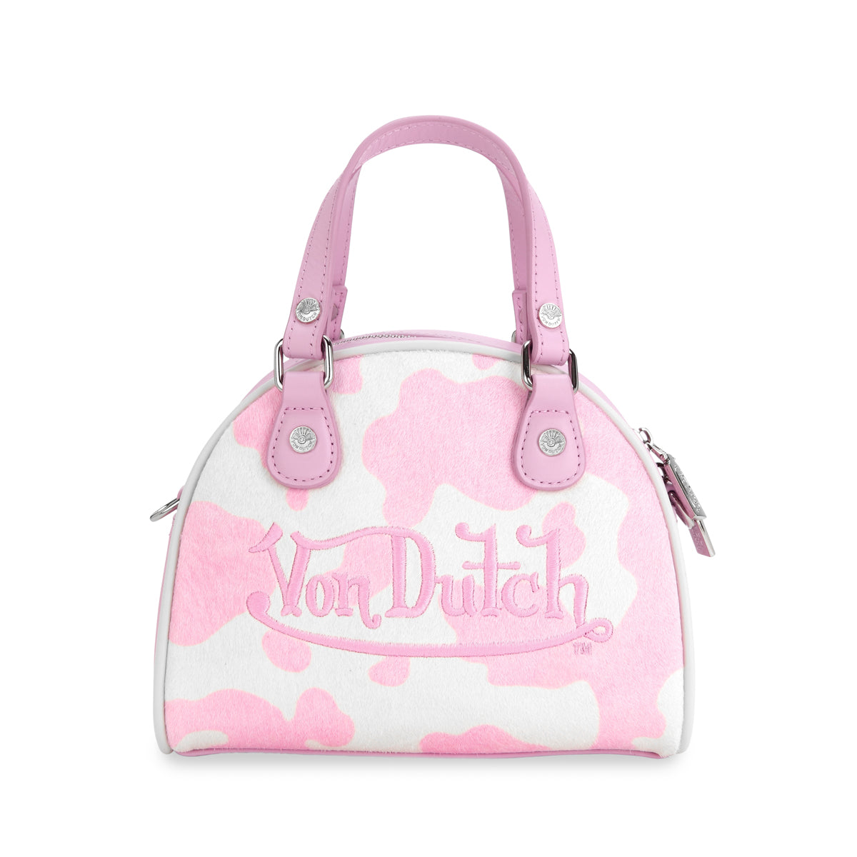 Pink & White Cow Print Pony Hair Leather Small Bowling Bag - Von Dutch