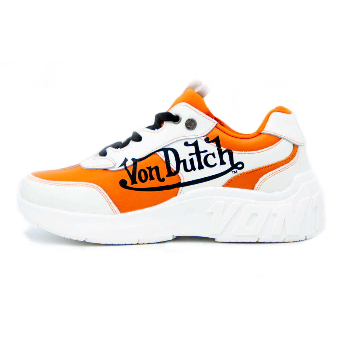 orange and white tennis shoes