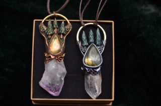 Yule evergreen pine forest pendant labradorite quartz and amethyst pendants