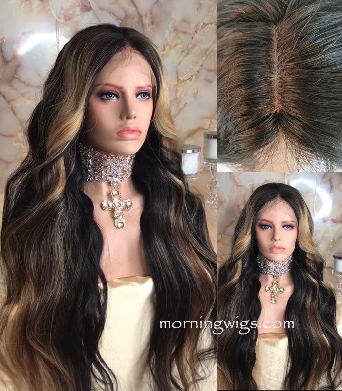 24 Inches Body Wave Black Mix Blonde Color Virgin Human Hair Hd Lace Wigs 150 Density Luckinwigs Com