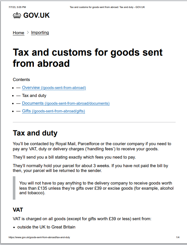UK Custom duties and taxes 1