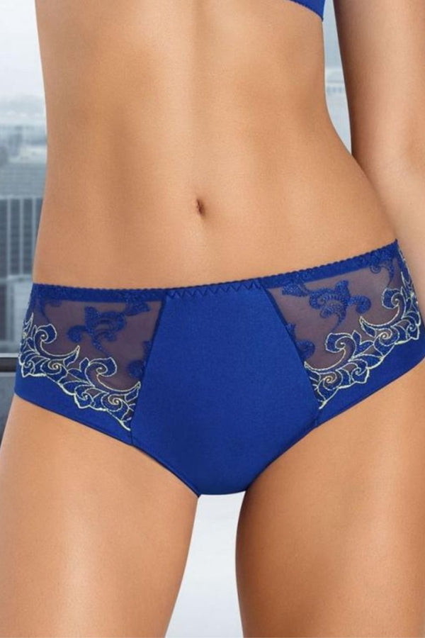 Blue satin bra and panties, Kira Sydney