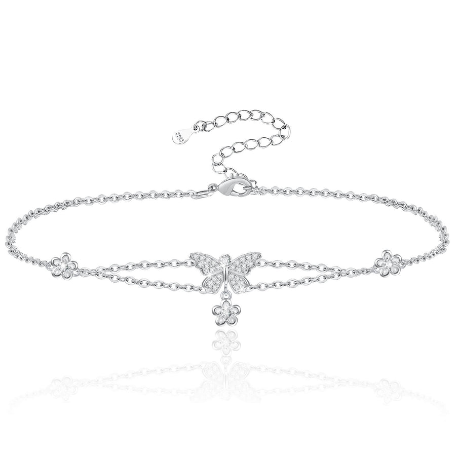 Flower Butterfly Pendant Layered Anklet Jewelry Gift for Woman Girl Mom